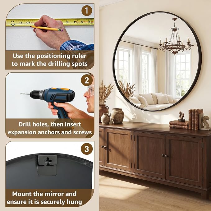DUMOS 28 Inch Round Wall Mirror, Bathroom Mirror - Image 7