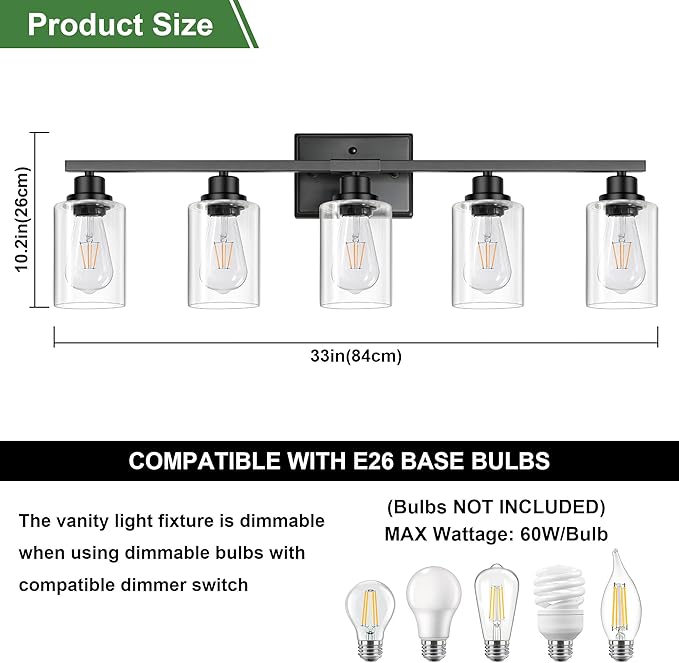 Ascher 5-Light Bathroom Light Fixtures, 33 Inch Vanity Lights - Image 3