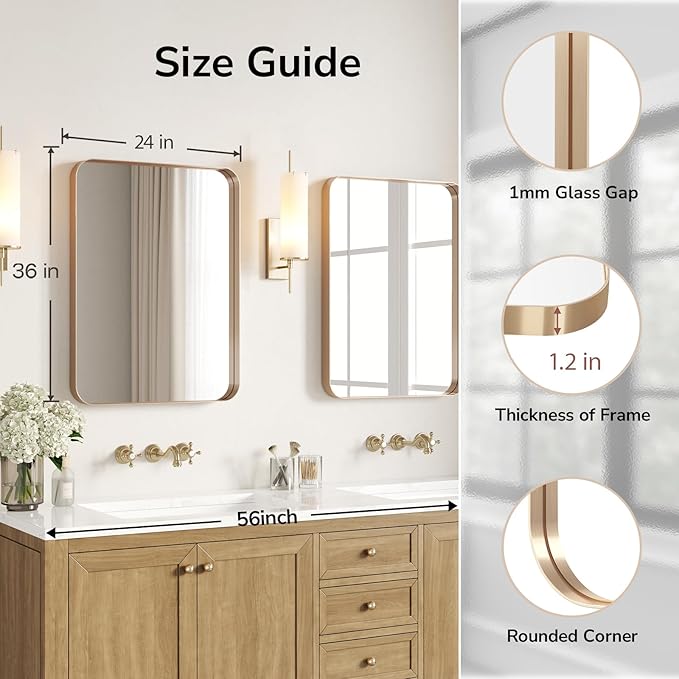 USHOWER Gold Bathroom Mirror 24"x36", Brushed Gold Rounded Rectangle Mirror - Image 2