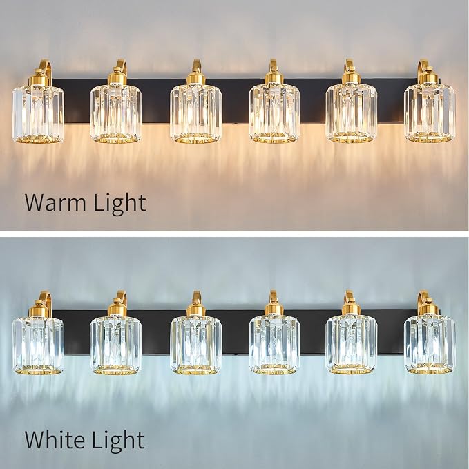 Modern Bathroom Vanity Light 6-Lights Black Gold Crystal Wall Light Fixture - Image 6