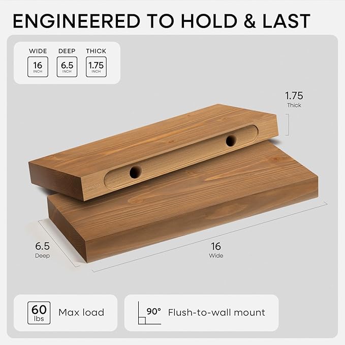 Homeforia 16 inch Golden Oak Floating Shelf, High End Solid Real Wood 16inch - Image 2