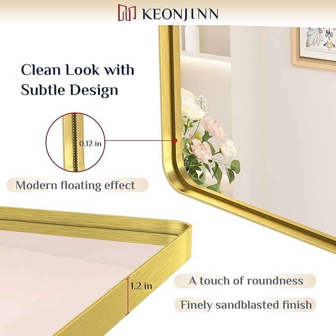 Keonjinn Gold Bathroom Mirror for Over Sink, Large Rounded Rectangle Gold - Image 2