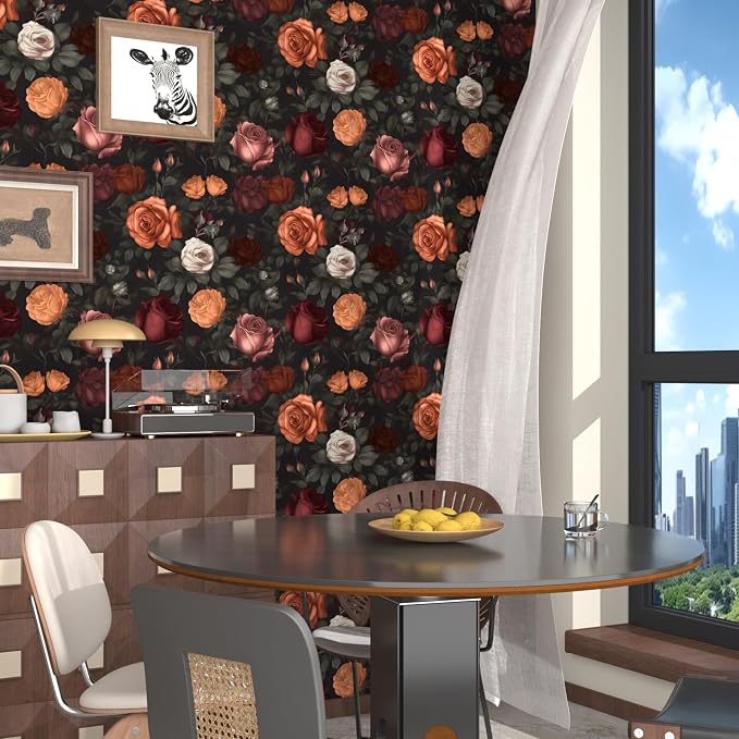 Vintage Floral Peel and Stick Wallpaper Dark Black Rose Floral Contact Paper - Image 4