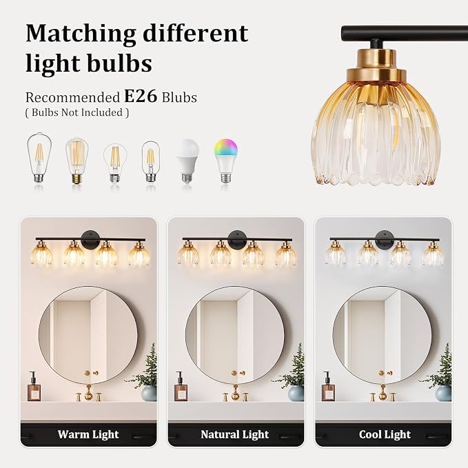 TALOYA Bathroom Vanity Light Fixtures, 4-Light Black and Gold Wall Lights - Image 7