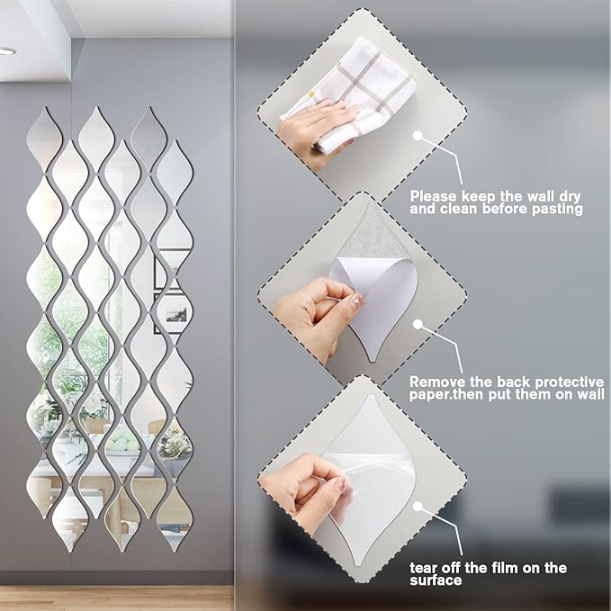 Weysat 30 Pcs Mirror Wall Stickers Decor Acrylic 3D Tear Drop Decorative - Image 3