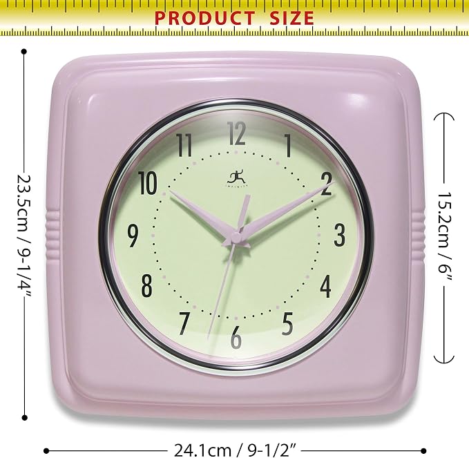 Infinity Instruments Square Retro Wall Clock, Pastel Pink - Image 7