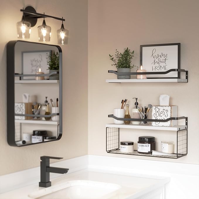 WOPITUES Floating Shelves with Wire Storage Basket, Bathroom Shelves Over - Image 5