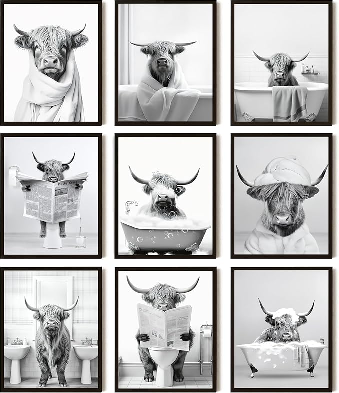 SEHSUVC Funny Bathroom Cow Posters Wall Art Set of 9, Vintage Black and White by Unknown