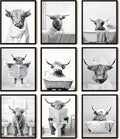 SEHSUVC Funny Bathroom Cow Posters Wall Art Set of 9, Vintage Black and White by Unknown