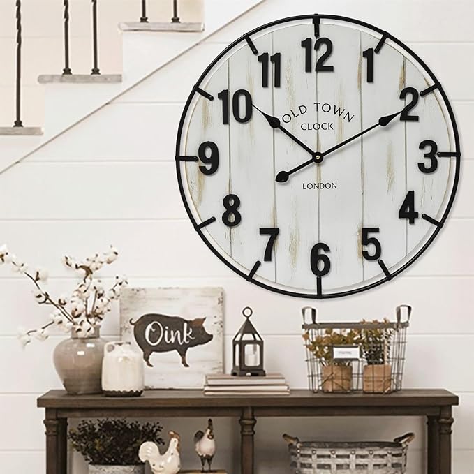 Large Old Town Farmhouse Wall Clock – 24 Inches Rustic Antique Wood by EMAXHOME