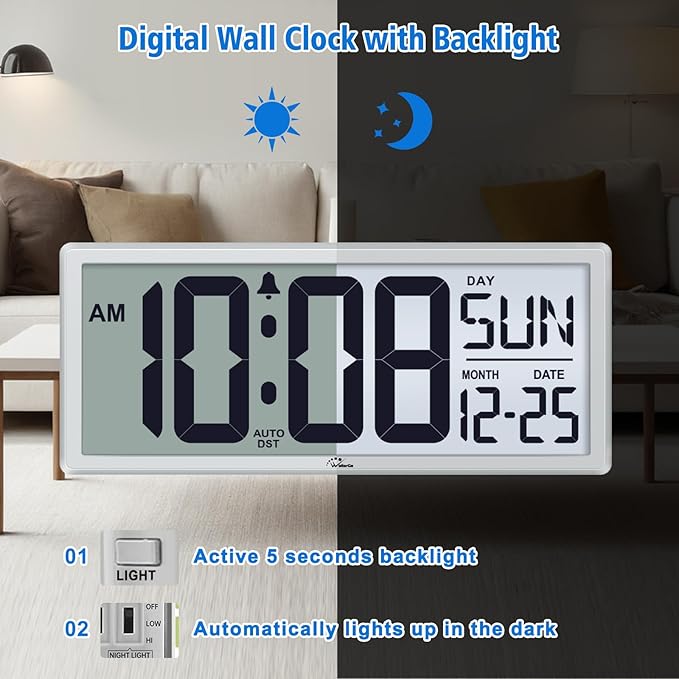 WallarGe Backlight Digital Wall Clock Battery Operated - - Image 2
