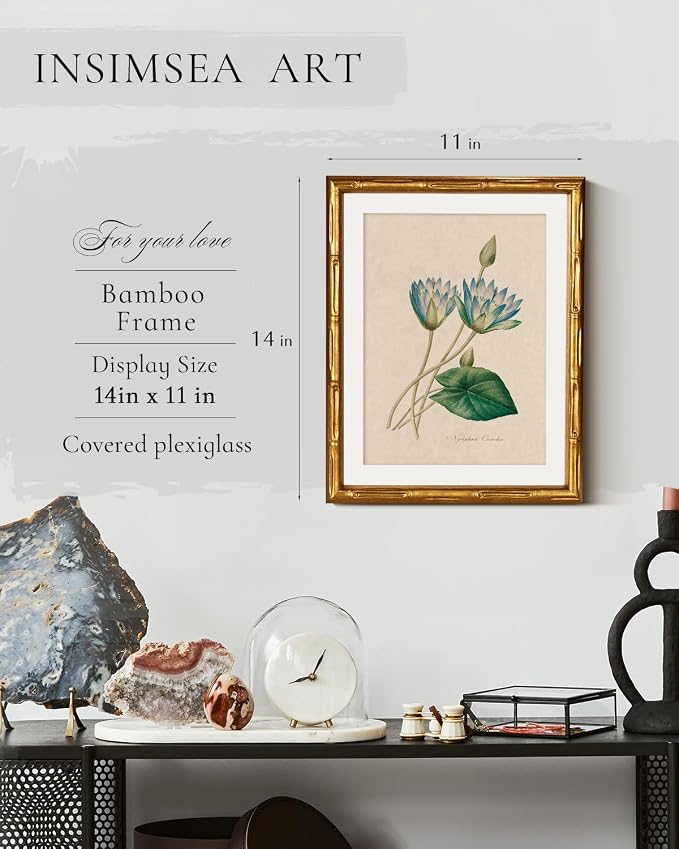 InSimSea Gold Bamboo Framed Canvas Wall Art, Retro Blue Lotus Botanical Prints - Image 3