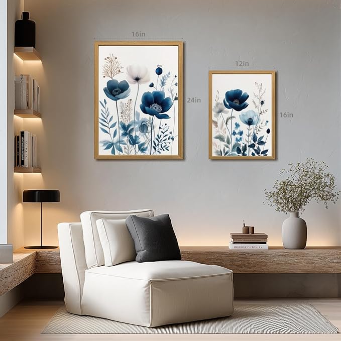 LLEEMPI Navy Blue Floral Wall Art Set of 3, Modern Wildflower Wall Decor - Image 4
