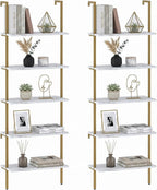 aboxoo Ladder Shelf 2PCS White Marble Bookshelf 5-Tier Wall-Mounted Wood Rack by aboxoo