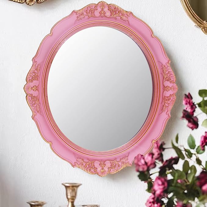 YCHMIR Vintage Decorative Wall Mirror 14.8 x 13.1 Inch Oval Mirror（Pink） - Image 2