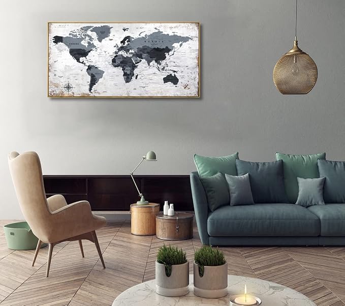 Framed wall art World Map Wall Art Canvas Picture 30inchx60inch Large Black and - Image 2