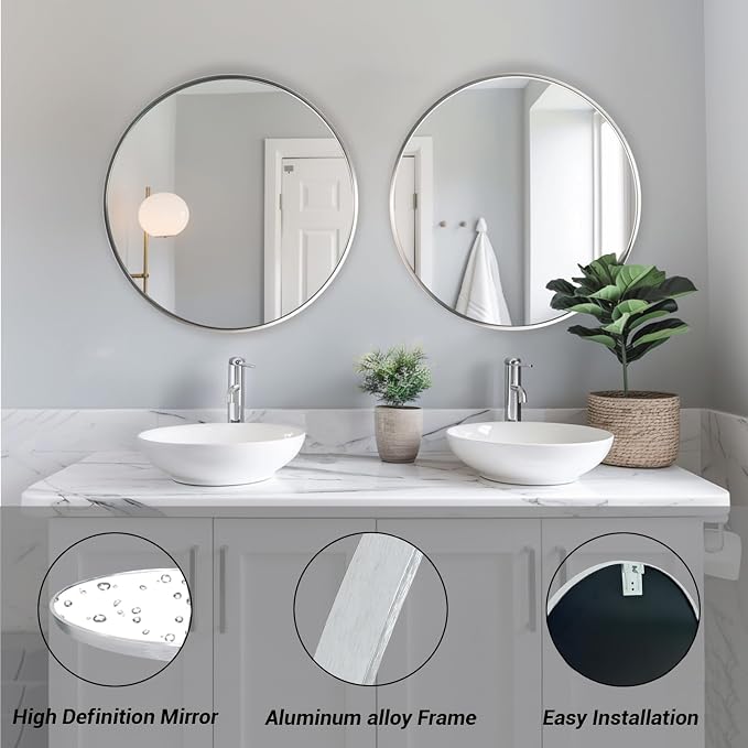 Sunniry Silver Round Mirror 30 inch, Round Bathroom Mirror, Circle Wall Mirrors - Image 2