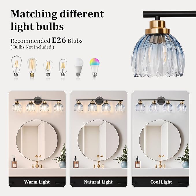 TALOYA Bathroom Vanity Light Fixtures, 4-Light Black and Gold Wall Lights - Image 7