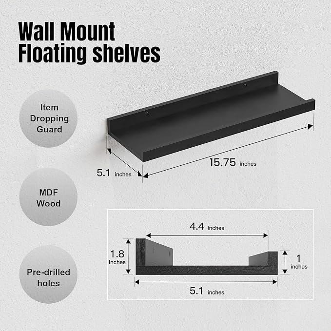 RICHER HOUSE 5 Set Floating Wall Mounted Shelves, Modern Picture Ledge Shelf - Image 3