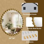 Easly Round Mirror for Wall, 36 Inch Gold Beaded Frame Decorative Vanity Mirror - Image 4
