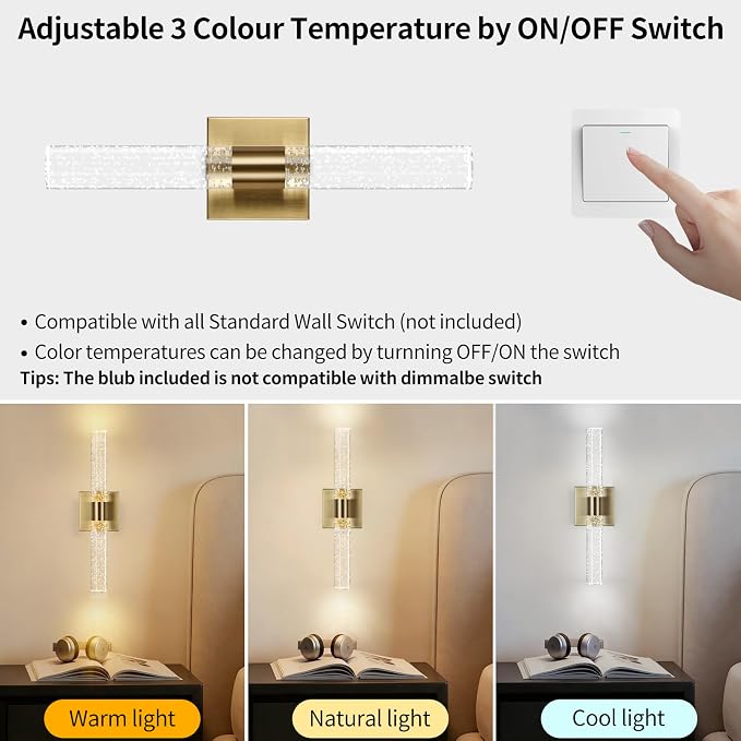 18 Inch Bathroom Sconces Set of 2, 3 Color Temperature Bubble Crystal Led Wall - Image 3