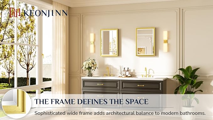 Keonjinn 16" x 24" Gold Bathroom Mirrors, Brushed Gold Framed Mirror, Beveled - Image 7