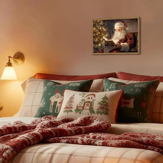 Framed Vintage Christmas Canvas Wall Art, Santa Claus Reading Book Paintings - Image 4