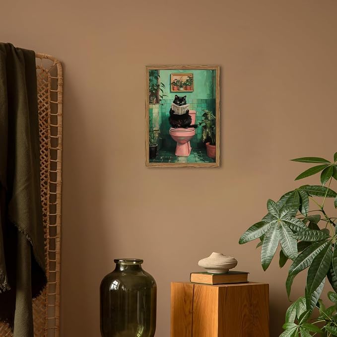 Funny Bathroom Cat Wall Art, Humorous Black Cat Restroom Wall Decor Paintings - Image 5