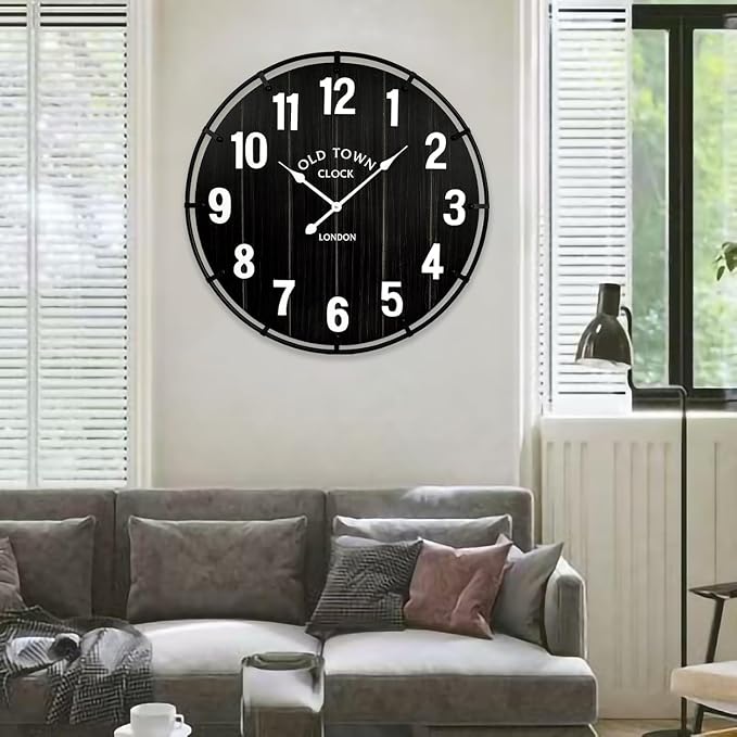 EMAX HOME Large Old Town Farmhouse Black Wall Clock 30 Inch Rustic Antique Wood - Image 3