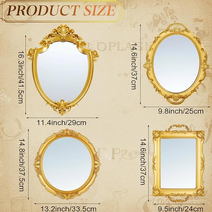 Beeveer 4 Pcs Vintage Gold Mirrors Set Decorative Hanging Wall Decor - Image 2