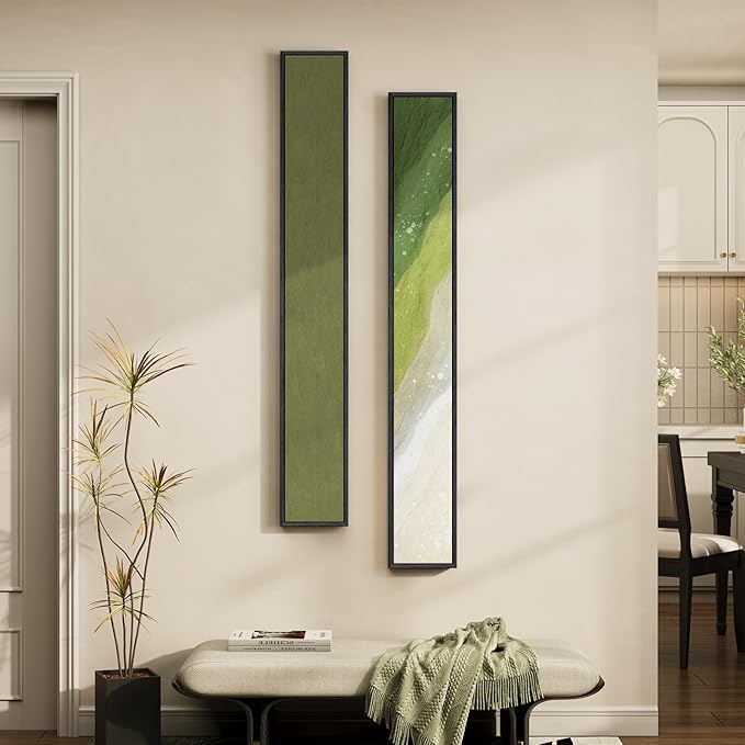 Long Narrow Framed Sage Green Vertical Abstract Wall Art Set, 2 Piece Modern by Cuspin