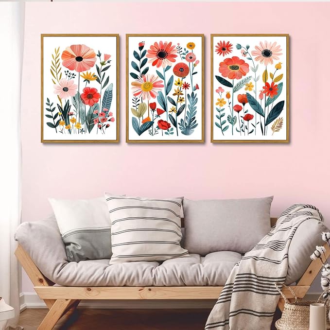 KISSFOX Framed Colorful Wildflower Canvas Wall Art Set Of 3 Flowers Pictures - Image 5
