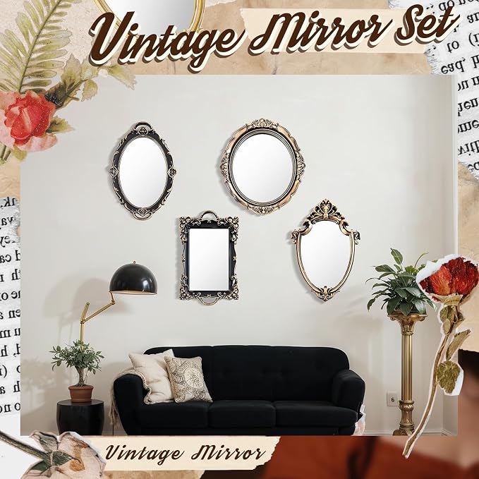 Beeveer 4 Pcs Vintage Gold Mirrors Set Decorative Hanging Wall Decor - Image 4