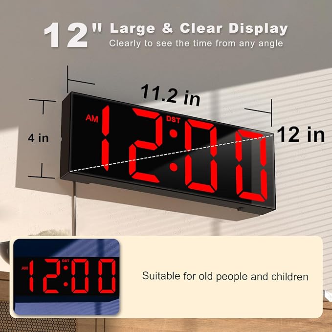 JALL 12'' Large Digital Wall Clock, Big LED Number Dispaly, RGB Colors - Image 2