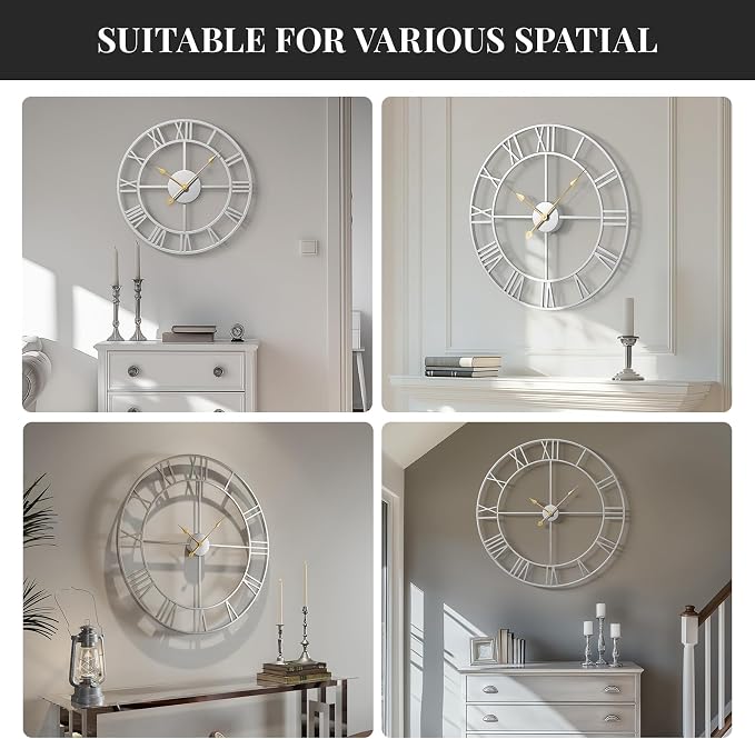 Cuspin 20 Inch Wall Clock Large Silver Decorative Clocks, Modern Metal Round - Image 6