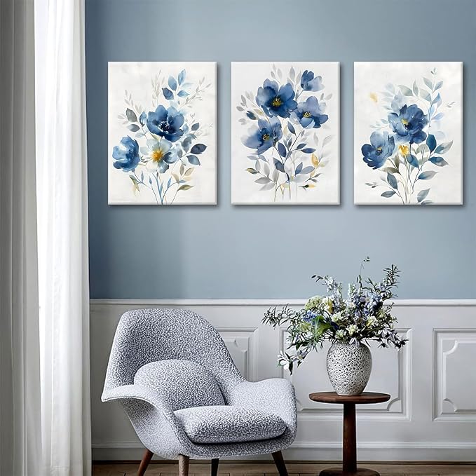 KISSFOX Framed Colorful Wildflower Blue Canvas Wall Art Set Of 3 Flowers - Image 5