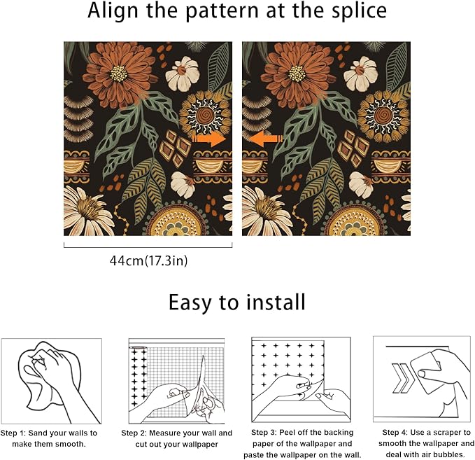 JiffDiff Boho Wallpaper Peel and Stick 17.3" x 400" Vintage Sun Floral Retro - Image 7