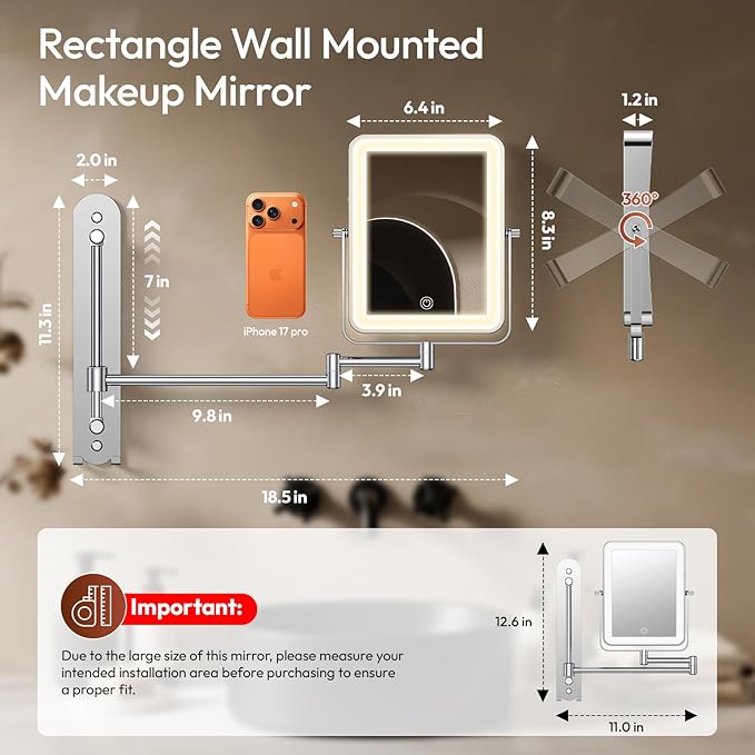 Height Adjustable Wall Mounted Lighted Makeup Mirror - Image 2