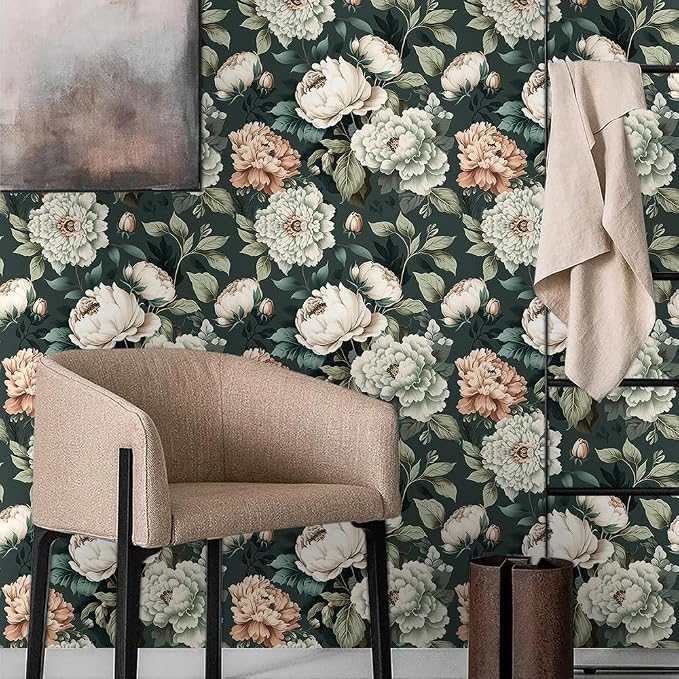 Dark Green White Peonies Vintage Floral Peel and Stick Wallpaper Wall Decor - Image 3