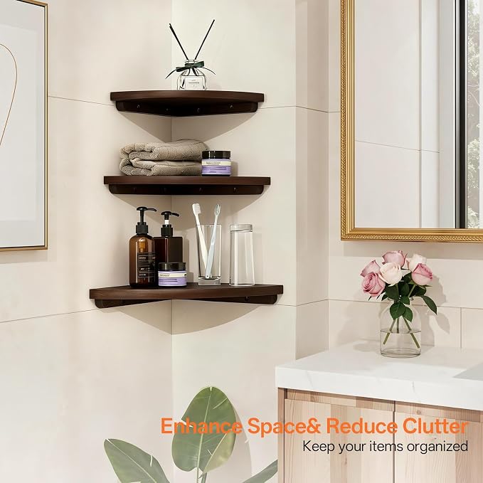 Gieanoo Floating Corner Shelves Set 2 16inch Walnut Solid Oak Rounded Corner - Image 5