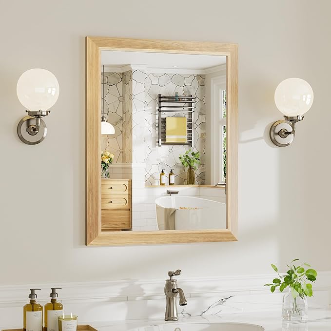 24x30 Inch Bathroom Mirror for Wall, Anti-Rust Oak Wood Grain Metal Framed by Briivuemodernmirrors