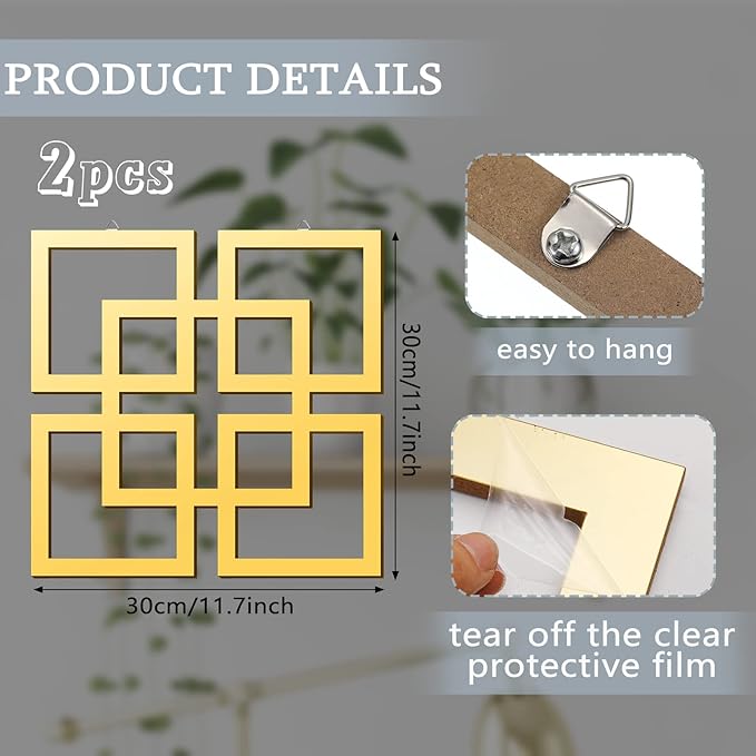 Weysat Wall Mount Home Mirror, 2 Pieces Silver Square Decorative Mirror - Image 2