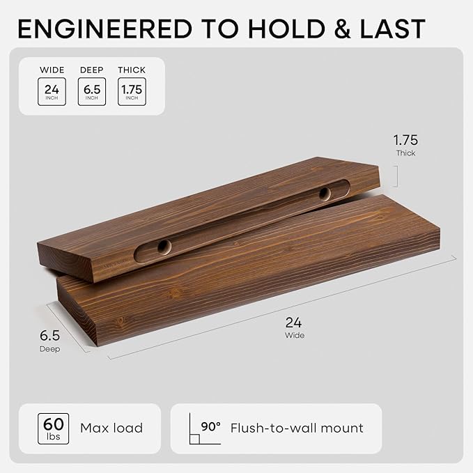 Homeforia Classic Walnut 24 inch Floating Shelf, High End Solid Real Wood Small - Image 2