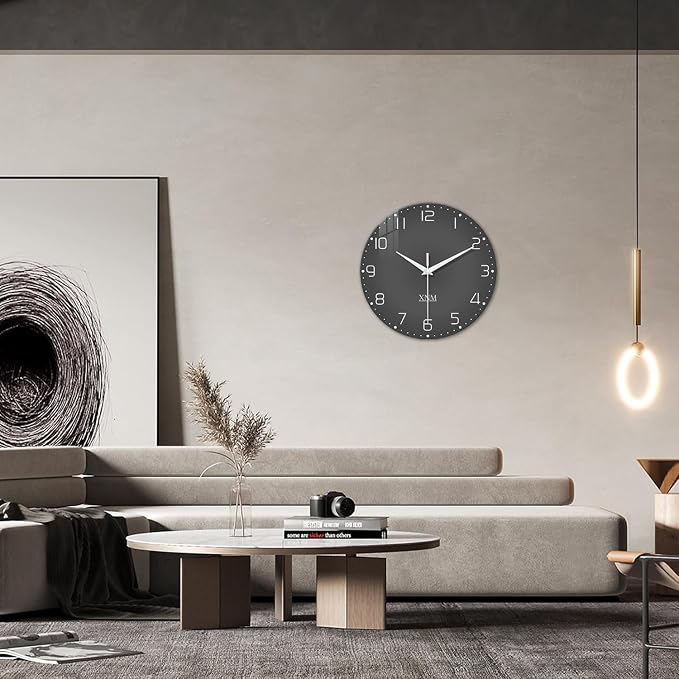 XNM Modern Glass Minimalist Wall Clocks Battery Operated 12 Inch Analog Dark - Image 5