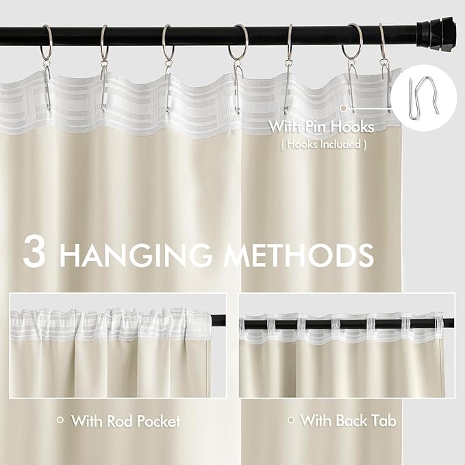 MIULEE Beige White Back Tab Blackout Curtains 108 Inch Long 2 Panels Set - Image 3