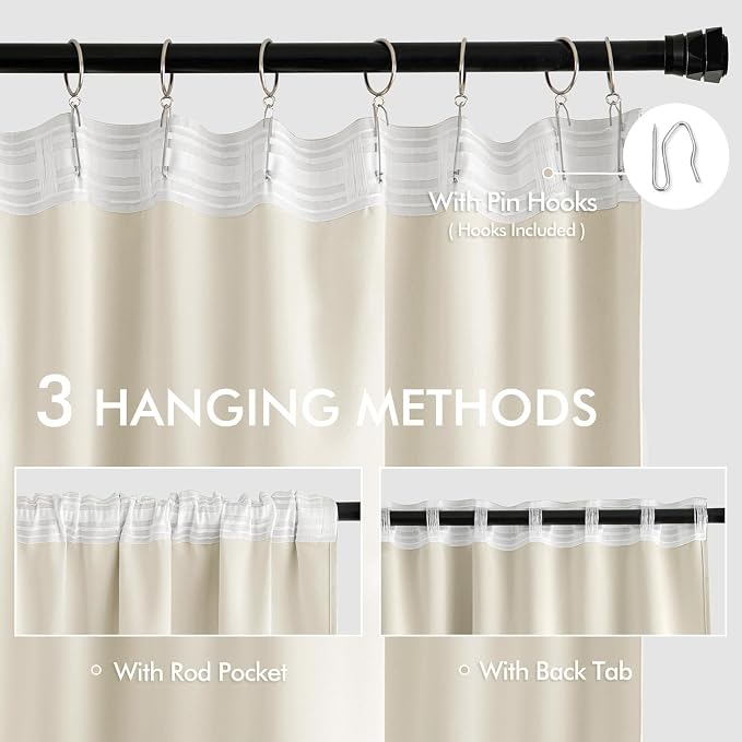 MIULEE Beige White Back Tab Blackout Curtains 120 Inch Long 2 Panels Set - Image 3