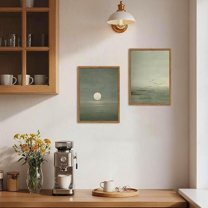 Framed Sage Green Japanese Canvas Wall Art Set of 2, Minimalist Moon and Birds - Image 9