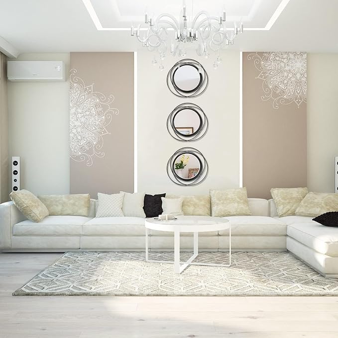3 Set 13 inch Black Circle Mirrors Wall Decor Iron Frame Wire Mirror Metal - Image 3