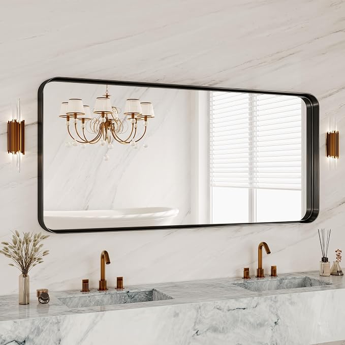 60X28 Inch Black Metal Framed Bathroom Mirror by MYSUNORIA