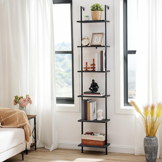 HOOBRO DIY Ladder Shelf, 6-Tier Wooden Wall Mounted Bookshelf, Narrow Bookcase - Image 4